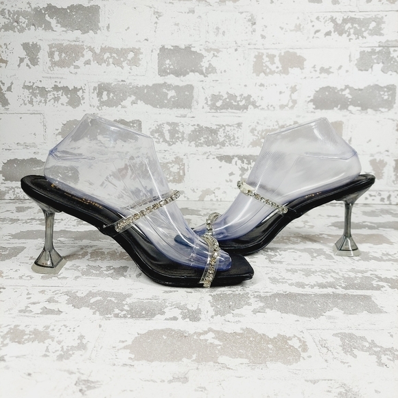 CHASE & CHLOE Double Rhinestone Pyramid Heel Sandal In Black Silver E92 - Picture 3 of 10